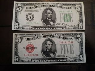 2 Different Bank Notes 1928 F $5 Legal Tender - 1934 A$5 Frn Boston 21