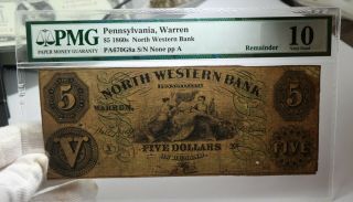 Warren,  Pa Pennsylvania $5 North Western Bank Obsolete Note Pmg 10 Very Good
