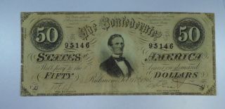 1864 $50 Confederate States Of America Note.  Cu134/ash