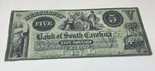 1850’s Five Dollar Merchants Bank Of South Carolina Cheraw Bank Note