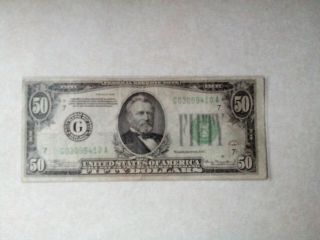 1934 $50 Fifty Dollar Banknote,  Vf,  Crisp,  Green Seal,  Chicago - Issued