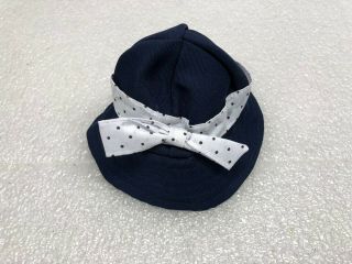 Vintage Doll Navy Hat Blue W/ White Bow Ribbon Wide Brim Head Width 3 " Ex Shape