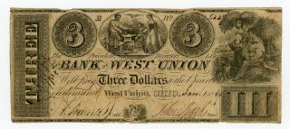 1839 $3 The Bank Of West Union,  Ohio Note