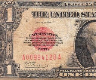 Scarce Fine 1928 $1 Red Seal Us Note A00994126a