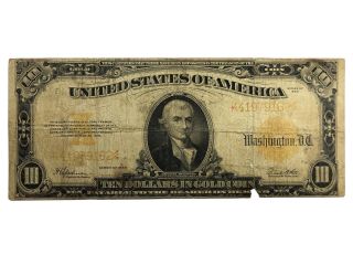 1922 United States Of America $10.  00 Gold Certificate Note