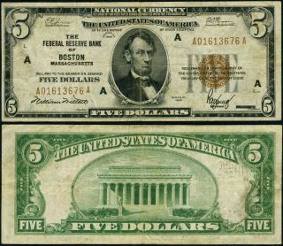 Fr.  1850 A $5 1929 Federal Reserve Bank Note Boston Fine,