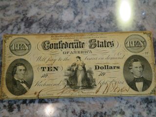 1864 $10 Confederate States Of America Ten Dollar Note Bill,