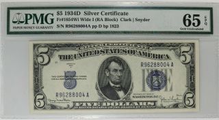 1934 D $5 Silver Certificate Currency Pmg Cert 65 Epq Gem Unc Wide I (004a)