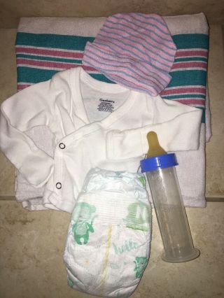 Newborn Reborn Baby Doll Hospital Outfit Blanket Ls Shirt Hat Diaper 2oz Bottle