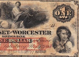 Salisbury,  Md Maryland 1862 $1 Somerset Worcester Savings Bank Obsolete Note