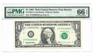 1995 $1 Boston " Web " Frn Pmg Gem Uncirculated 66 Epq Plate 6/12 R13,  A/d Block