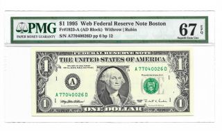 1995 $1 Boston " Web " Frn,  Pmg Gem Uncirculated 67 Epq Banknote,  A/d Block