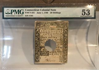 1780 Connecticut Colonial Note 20 Shillings Fr Ct - 231 Pmg 53 About Unc Jan 1