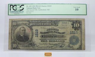 Fr.  625 Large 1902 Pb National Bank Note $10 Charter 1519 Cumberland,  Md - 17172