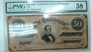 1864 $50 Confederate States Of America T - 66 Choice About Unc 58 Pmg