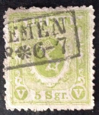 Bremen 1861 5 Sgr Green Stamp With Clear Cancel