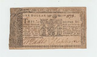 1774 Maryland Colonial Currency $1 One Dollar Note Usa Annapolis