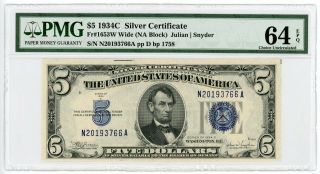 1934 - C Fr.  1653w $5 United States Silver Certificate Note - Pmg Ch.  Cu 64 Epq