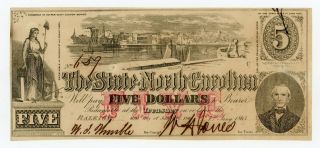 1863 Cr.  123 $5 The State Of North Carolina Note - Civil War Era Au