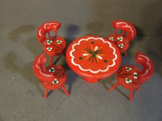 Vintage Miniature Dollhouse Red Wood Tole Painted Table 4 Chairs
