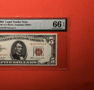 1963 - $5 Legal Tender Red Seal Note,  Graded By Pmg Gem Uncirculated 66 Epq.
