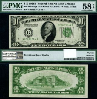 Fr.  2002 G $10 1928 - B Federal Reserve Note Chicago G - A Block Choice Pmg Au58 Epq