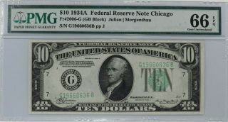 1934 A $10 Federal Reserve Note Chicago Pmg Certified 66 Epq Fem Unc (636b)