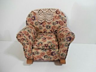 Vintage Floral Wood 5 " Rocker Chair Seat Dollhouse Miniature Pin Cushion Sewing