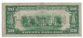 1934 A Series US $20 Twenty Dollar War Time Issue Currency Hawaii Note H89924856 2