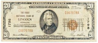 1929 Twenty Dollar $20 National Currency Bank Note Lincoln Nebraska Brown Seal