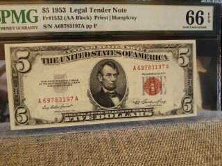 $5 1953 - Legal Tender Note - Fr 1532 - Aa Block Pmg 66 Epq 17