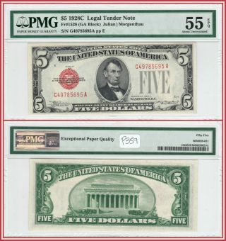 1928c $5 Legal Tender Note Pmg 55 Epq About Uncirculated Au Five Dollars