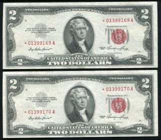 (2) Consecutive 1953 $2 Star Red Seal Legal Tender United States Notes Unc