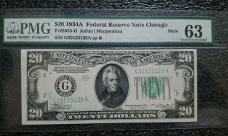 1934 A$20 Federal Reserve Note G35135126 A Pmg63 $20 Dollar Bill Choice Unc.  Mule