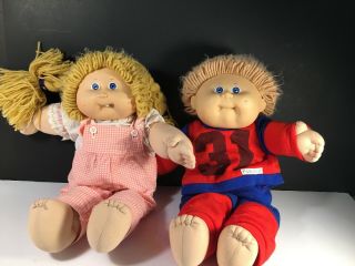 Vintage 1983 Coleco Oaa Cabbage Patch Kids Girl & Boy 16” Blue Eyes Blonde Tooth