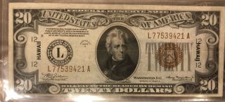 1934 A $20 Twenty Dollar Hawaii Wwii Emergency Brown Seal Federal Reserve Note