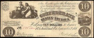1861 $10 Dollar Confederate States Currency Civil War Note Paper Money T - 28