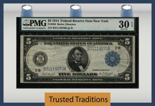 Tt Fr 850 1914 $5 Federal Reserve Note York,  Ny Pmg 30 Epq Very Fine