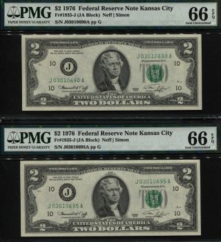 Tt Fr 1935 - J 1976 $2 Federal Reserve Note Kansas City Pmg 66 Epq Gem Set Of Two