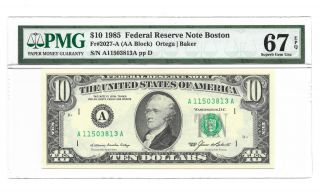 1985 $10 Boston Frn,  Pmg Gem Uncirculated 67 Epq Banknote