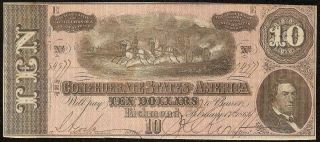 1864 $10 Dollar Bill Confederate States Currency Civil War Note Money T - 68 Vf