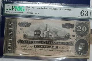 $20 1864 Confederate States Of America Richmond Note T - 67 Pmg 63 Choice Unc.