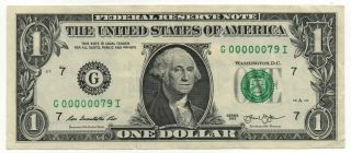 2013 $1 Low 2 Digit Serial Number,  Chicago Federal Reserve Note