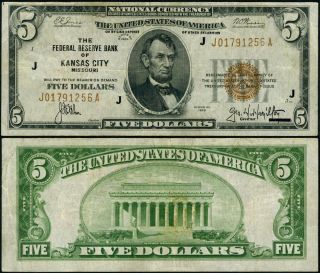 Fr.  1850 J $5 1929 Federal Reserve Bank Note Kansas City J - A Block Vf,