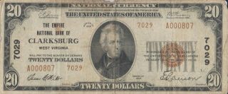 1929 Twenty Dollar $20 National Currency Bank Note Bank Of Clarksburg Wv Brown
