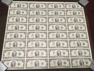 2003 Uncut Sheet Of 2 Dollar Bills = Bureau Of Engraving = 32 Crisp Notes