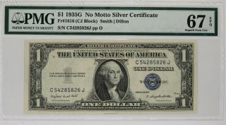 1935 G $1 No Motto Silver Certificate Cj Block Fr.  1616 Pmg 67 Epq (826j)