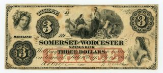 1863/2 $3 The Somerset And Worcester Savings Bank - Salisbury,  Maryland Note