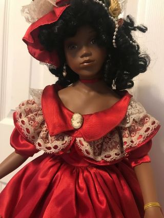 24” Porcelain Black Doll - African American Florence Maranuk - In Red Ball Gown Lmtd