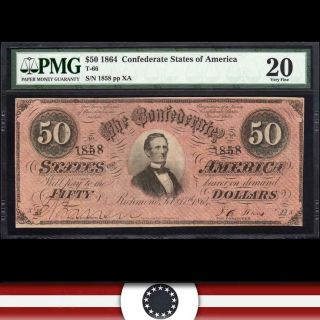 Dark T - 66 1864 $50 Confederate Currency Pmg 20 Civil War Bank Note 1858